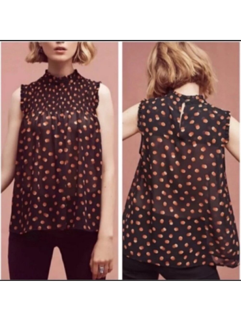 Anthropologie Maeve Darby Dots Sleeveless Smocked Blouse